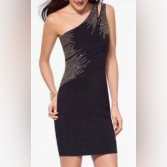 Cache Black One-Shoulder Size 6 Asymmetrical Pattern Rhinestone Embellishments - Picture 10 of 14